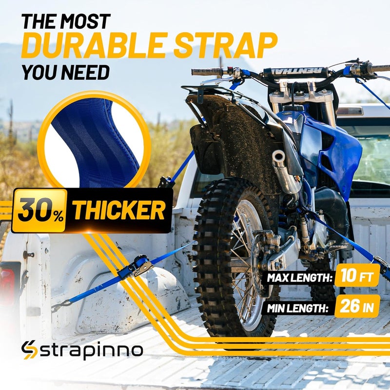 Strapinno Retractable Ratchet Straps 1 in x 10 ft, Secure Tie-Downs with Rubber-Coated Steel Handles, for Motorcycle, Jetski, Kayak, Breaking Strength 1,500LBS/680KG - Image 3